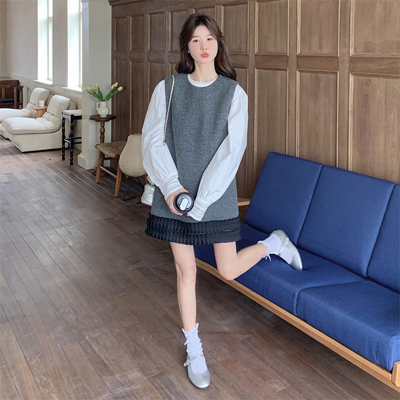 灰色韩系chic别致套装女2025年秋季新款设计感拼接背心裙两件套潮,女装套装/套裙,维壹