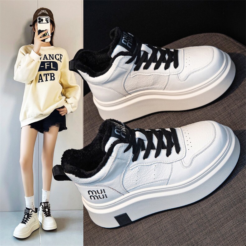 厚底高帮小白鞋女2024新款秋冬加绒运动休闲板鞋潮增高鞋，女鞋休闲鞋，电商A223