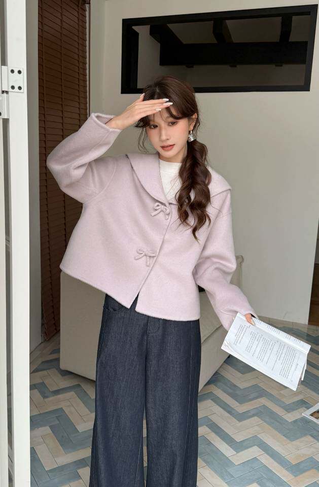 新款上新娃娃领色双面羊毛大衣女短款韩系百搭,女装双面呢大衣,依嘟服饰