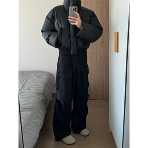 现货5W件冬季三防重磅硬挺boxy短款羽绒立领PU皮棉衣外套加厚棉服图片