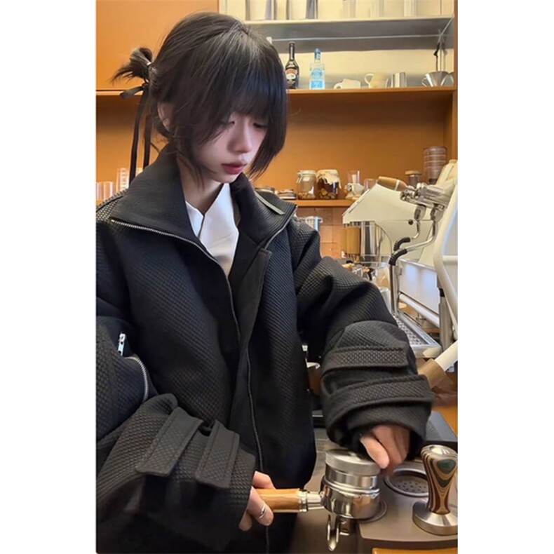 纯色美式高街复古拉链防风宽松飞行服重磅工装立领夹克外套 JS297图片