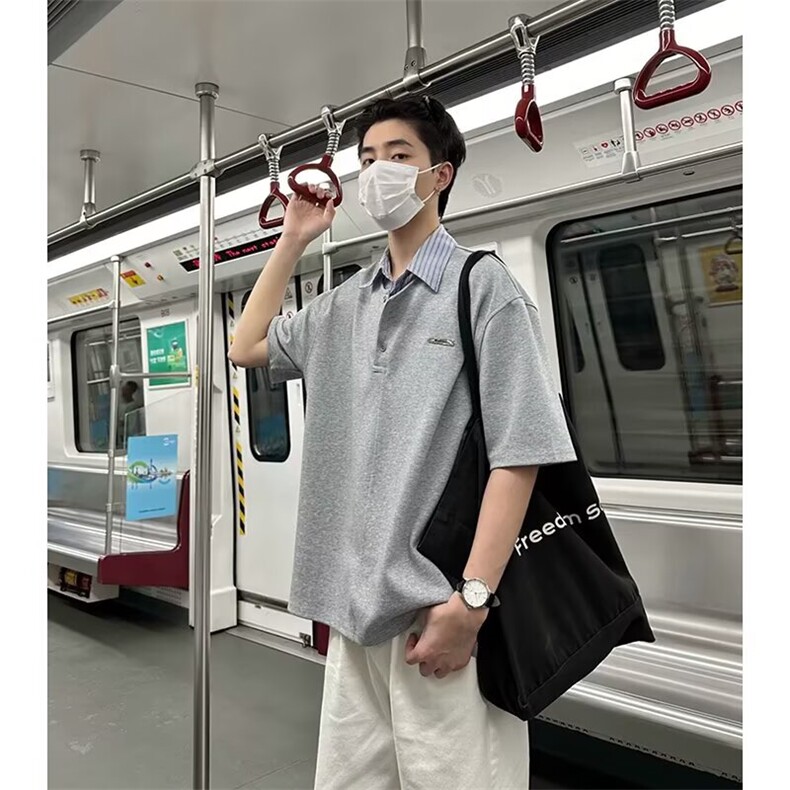 韩版时尚假两件短袖男士暖男穿搭小众氛围感T恤上衣翻领POLO衫潮,男装T恤,星座516A
