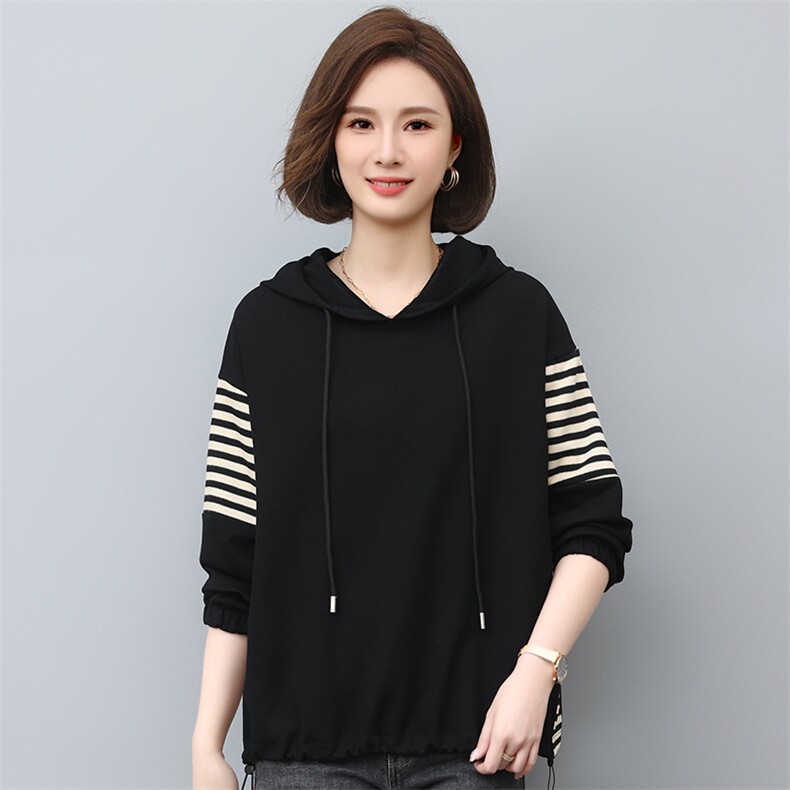 单色秋季卫衣/绒衫宽松型休闲套头长袖经典条纹拼接时尚连帽上衣，女装大码女装，曼沙奕珂