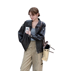 短款夹克新潮棕色长袖2025秋上衣机车服Pu皮外套女高级感显瘦外套，女装短外套，意芙