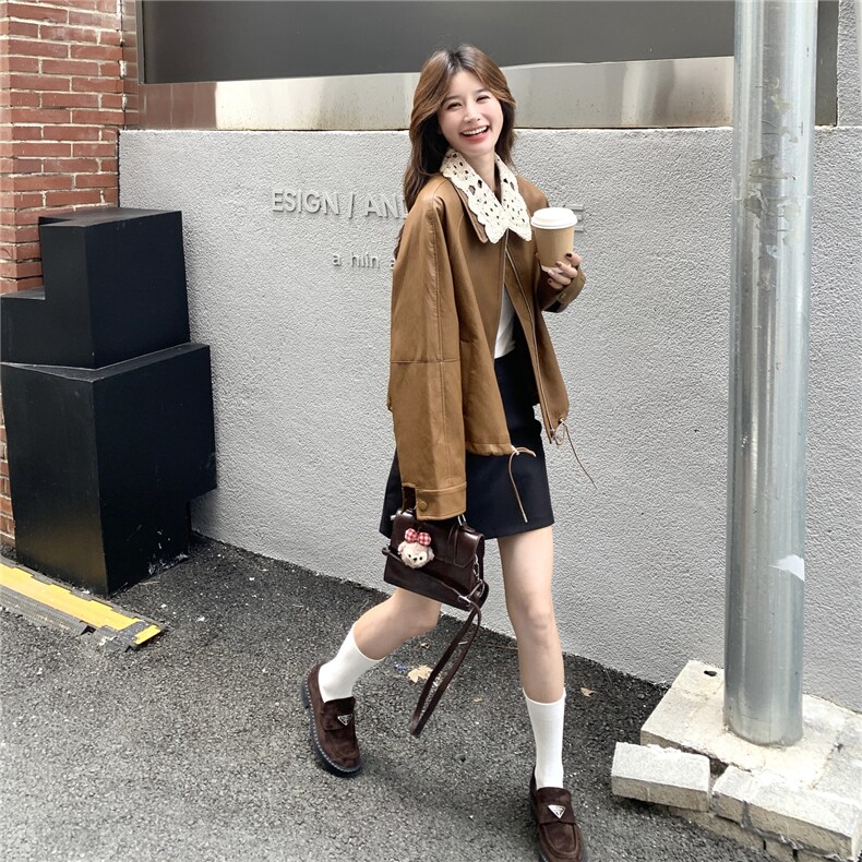 韩里韩气甜酷复古蕾丝拼接皮衣外套女2025春秋高级小众短夹克上衣,女装皮衣,维壹