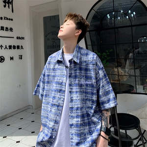 2026夏美式扎染刺绣格子短袖衬衫衬衣五分袖 CS1806/特P35 蓝色5图片