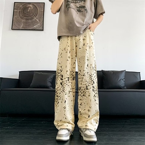 松弛慵懒感休闲裤洋气重工复古廓形微喇扎染工装裤男女夏 K6177图片