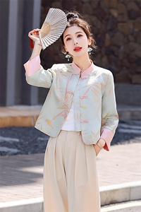 新中式国风短款外套女2025春秋新款复古盘扣提花改良唐装立领上衣图片
