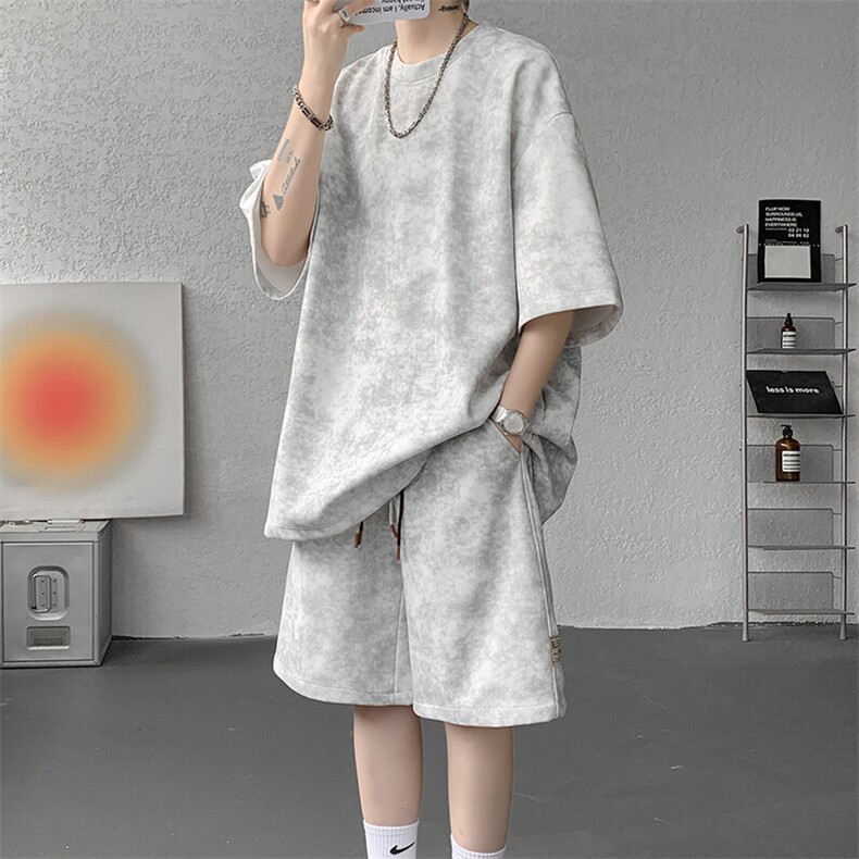 8XL-M青少年扎染短袖t恤休闲运动套装男生夏季宽松大码TZ38001P55图片