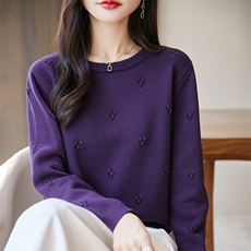 法式100%纯棉圆领毛衣女2025新款秋冬宽松慵懒风针织衫长袖打底衫，女装针织衫/毛衣，长今羊