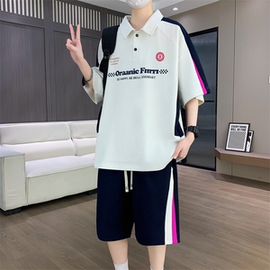 港风套装男宽松菠萝格冰丝青年翻领短袖T恤短裤两件套-JZ507-P53图片