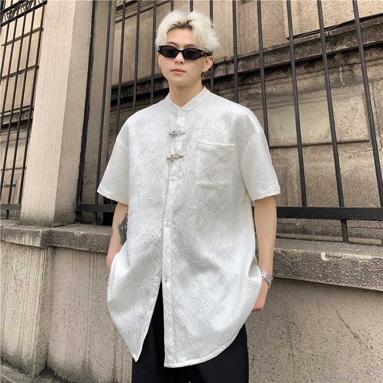 潮风新中式暗纹提花短袖衬衫男夏季高街设计宽松小众上衣P48,男装衬衫,电商C307A