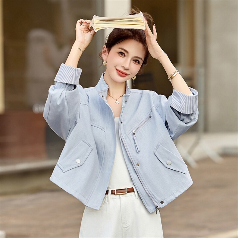条纹袖口休闲短款蓝色外套女2026春秋新款小个子减龄百搭夹克上衣,女装短外套,美沁