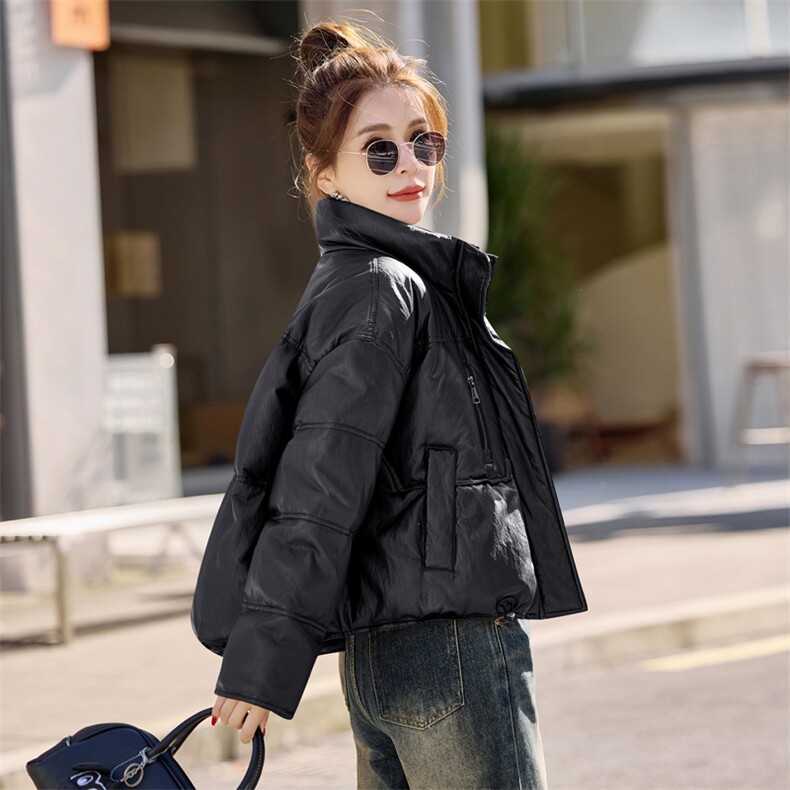 时尚短款PU皮立领羽绒服女2026冬季新款休闲保暖白鸭绒面包服外套,女装羽绒服,意芙