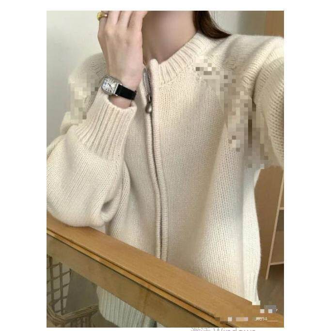 长袖针织开衫女宽松百搭纯色拉链休闲外套上衣，女装针织衫/毛衣，鑫友供货