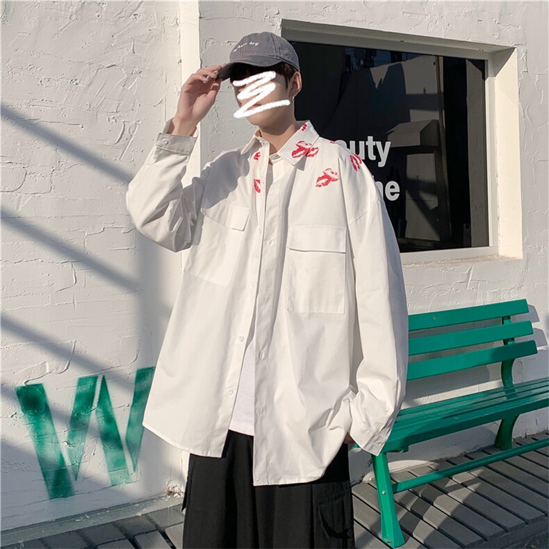 春季口红印花纯棉长袖衬衫潮流衬衣男休闲衬衫外套CS20P45,男装衬衫,电商C323