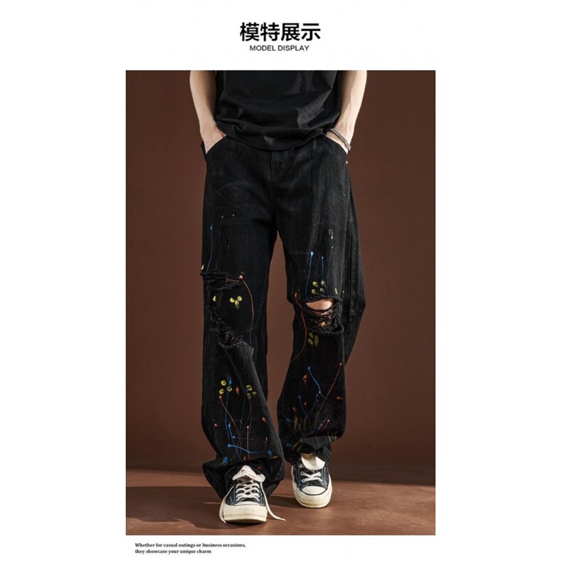 阔腿直筒裤子时尚白色泼墨破洞牛仔裤潮流高街男涂鸦休闲裤子,男装牛仔裤,星座1210-1