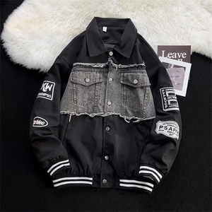 欧美高街hiphop拼接牛仔外套宽松ins港风刺绣夹克棒球服J160-p60图片