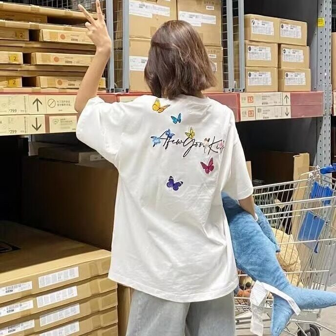 花卉字母刺绣短袖t恤女夏季设计感小众美式复古潮牌上衣,男装T恤,星座1210-1