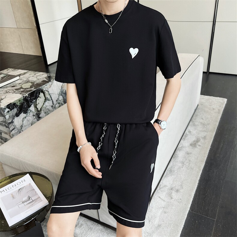 夏季短袖套装韩版五分裤潮流t恤短裤一套网红潮牌休闲运动服男,男装牛仔裤,电商A327