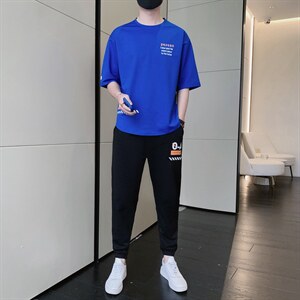 夏季新款青少年休闲宽松T恤男装潮流圆领体恤套装上衣F301P68图片