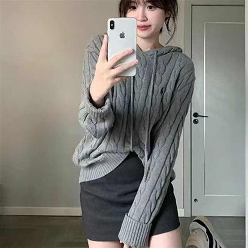 女士秋冬小马刺绣麻花针织帽衫简约舒适,针织衫/毛衣,萱芳婷羊绒