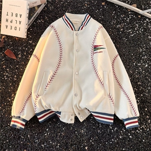 美式复古刺绣撞色毛呢棒球服男女秋冬季宽松情侣装休闲外套图片