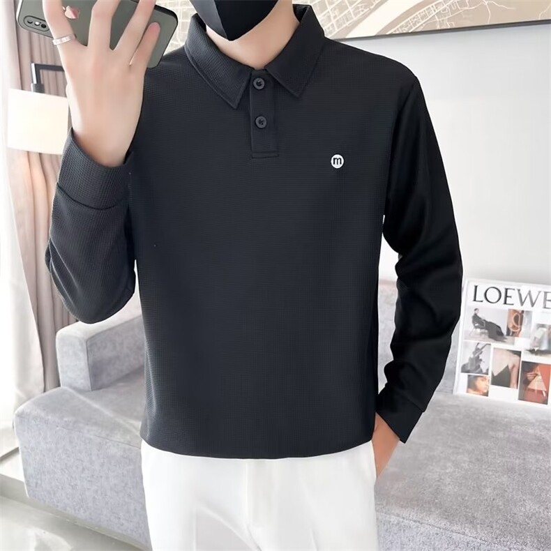 秋季华夫格长袖翻领POLO衫男韩版修身套头卫衣纯色打底衫T恤T550,男装T恤,星座1116A-2（原606A-1）