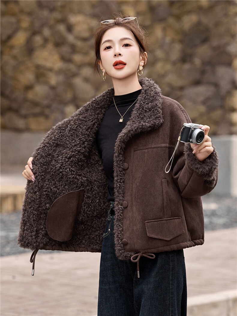 麂皮绒皮毛一体羊羔毛外套女秋冬2025新款机车服棉服,女装短外套,牡丹诺