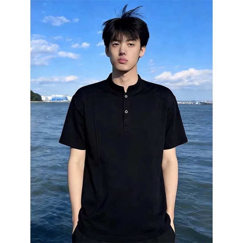 美式华夫格亨利衫男松弛感插肩短袖半开扣圆领polo衫肌理感卫衣潮,男装T恤,星座506A