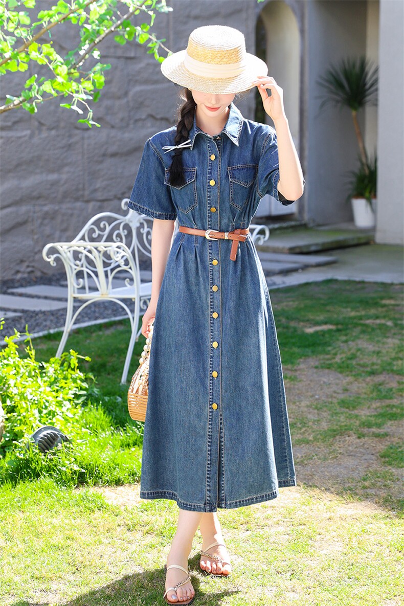 复古翻领短袖牛仔连衣裙女2024年夏季新款简约显瘦单排扣中长裙子,女装连衣裙,江南女神