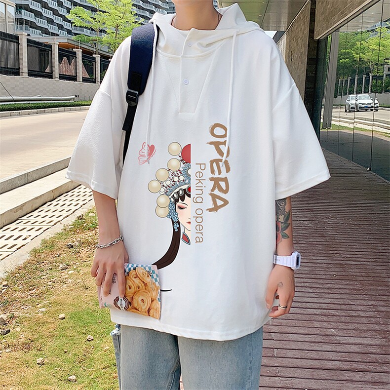 LD54161-P45连帽短袖t恤男大码胖子带帽五分袖中袖,男装T恤,电商A040