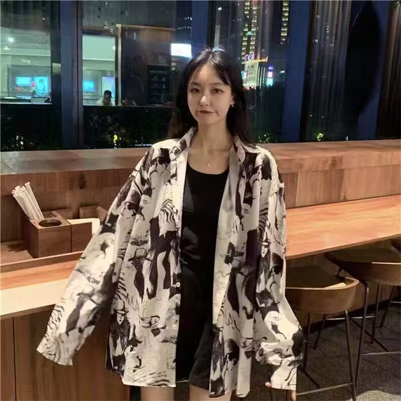 潮牌ins长袖衬衫男女嘻哈街头宽松复古休闲炸街扎染印花衬衣外套,男装衬衫,星座1210-1