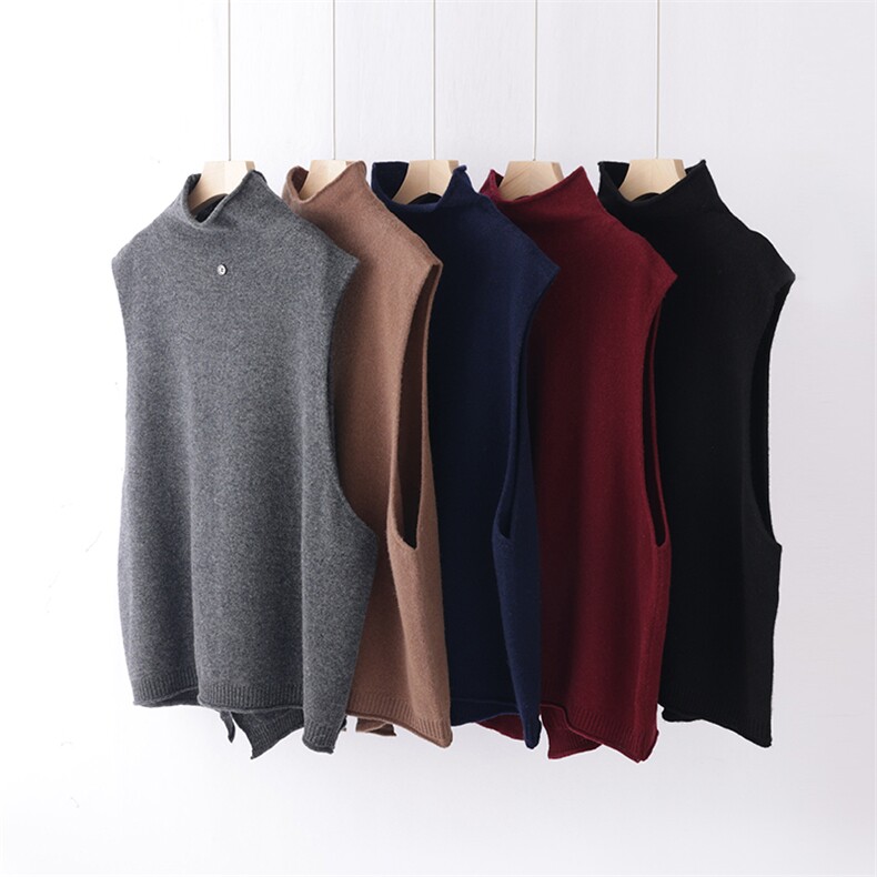 2025年春季韩版高领背心宽松坎肩毛衣不规则羊毛马甲女后背开叉灰，女装马甲，犀桦羊绒