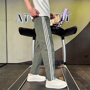 社会小伙夏季新款冰丝裤子男条纹店主风长裤九分裤2254-P58,呢子大衣搭配图片女明星图片