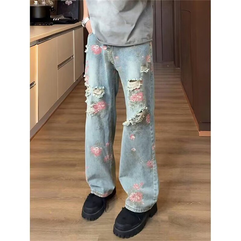 美式破洞玫瑰花卉牛仔裤男女夏季设计直筒裤微喇长裤子L66200-P50,男装牛仔裤,星座1008