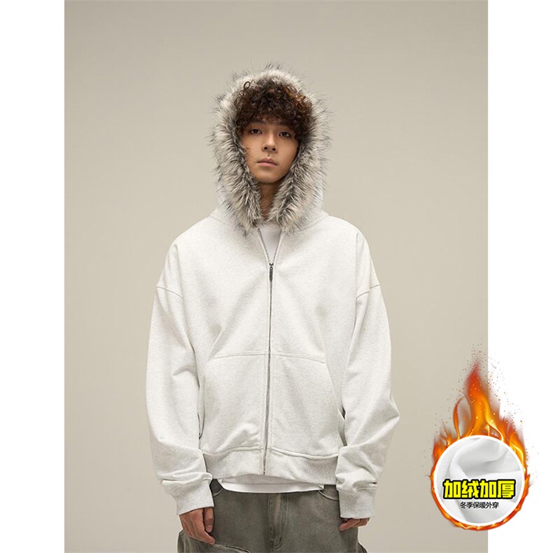 480G重磅加绒硬挺boxy秋冬美式高街超大毛领座山雕连帽卫衣厚外套，女装短外套，电商A486