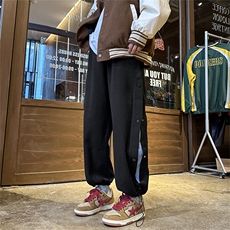 K3135/P55冬季毛呢排扣撞色休闲裤男学生束脚大码呢料直筒裤子，男装休闲裤，电商A141