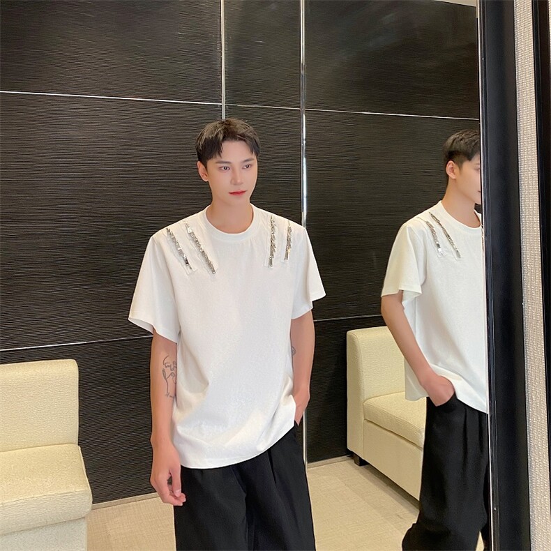 金属拉链垫肩短袖男美式复古男士小众设计感痞帅T恤A345-500-P80,男装T恤,电商A345