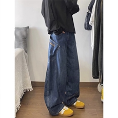 美式复古大口袋弯刀牛仔裤女设计感宽松拖地阔腿裤子K10070-p55，男装牛仔裤，星座1008
