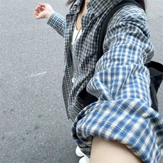 复古蓝色格子衬衫薄款防晒外套女长袖小个子慵懒衬衣宽松春秋上衣，男装防晒衣，星座506A