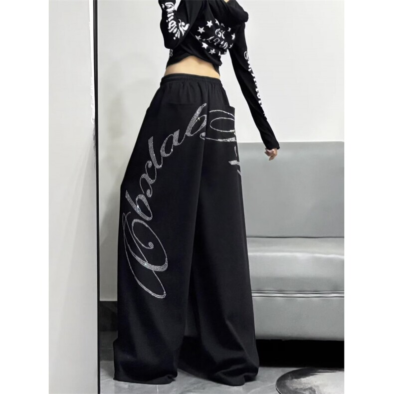 港风春款男女休闲裤字母烫钻拖地阔腿长裤H8096P50，男装休闲裤，星座1013-1