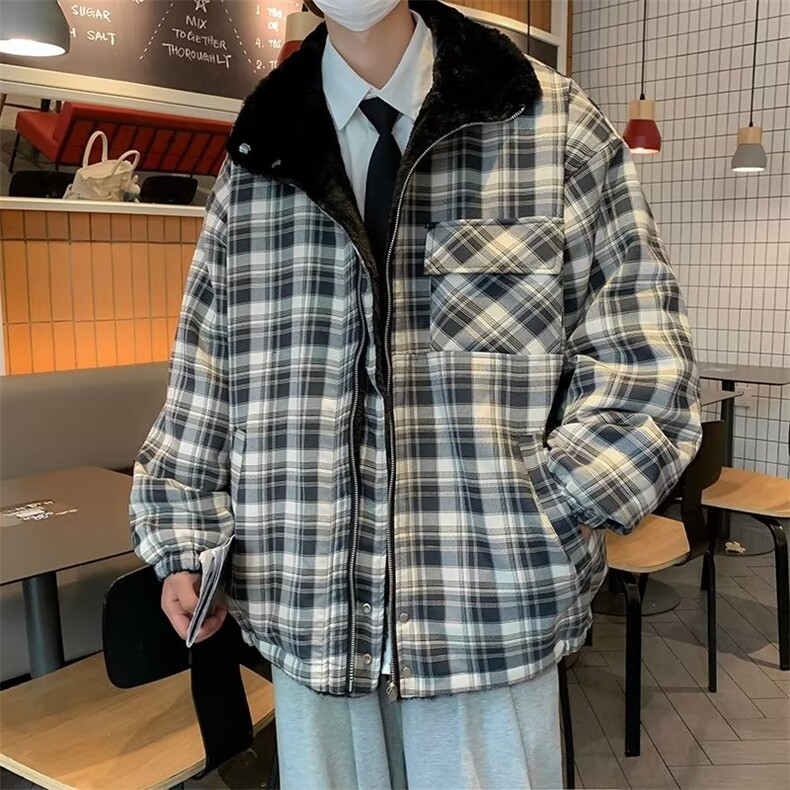 两面穿羊羔毛外套男冬季棉衣格子翻领加绒加厚帅气棉服MY38 P80图片