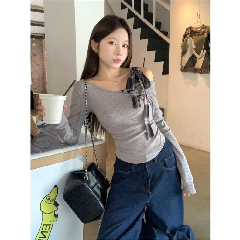 纯欲一字肩露锁骨长袖t恤女春秋不规则设计感修身显瘦针织打底衫,男装T恤,星座1210-1
