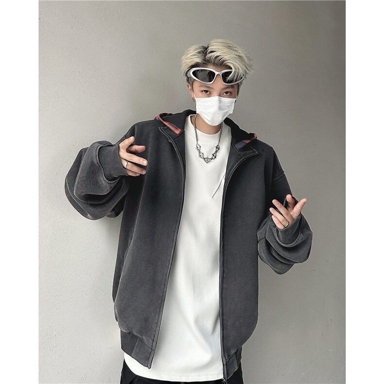 【有货】DY808-P68格子拼接连帽卫衣男女潮牌美式高街假两件开衫,男装卫衣,星座603-2