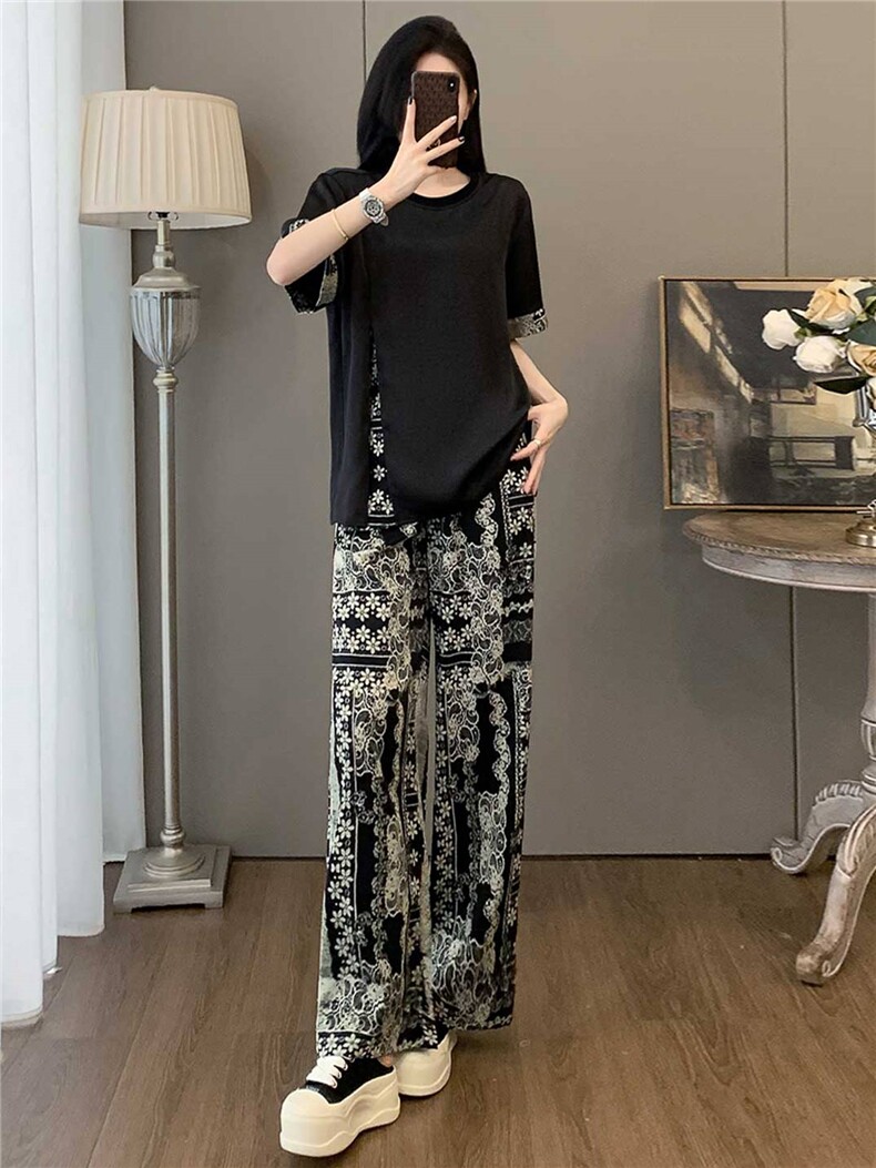 时尚减龄套装女夏季新款宽松显瘦圆领印花侧边拉链短袖长裤两件套,女装套装/套裙,江南
