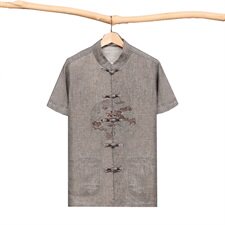 M-7XL夏季唐装套装中老年短袖薄款亚麻唐装男士大码套装001款，男装民族服装，星座802