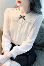 春季新款雪纺衫长袖设计感甜美娃娃领衬衫白色洋气上衣，女装衬衫，美吧服饰