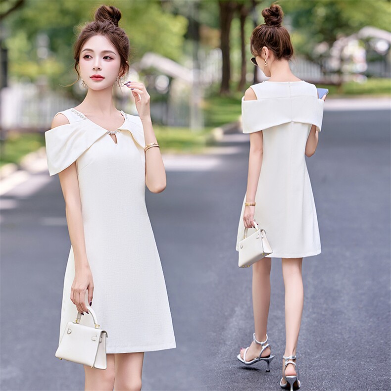 小香风气质露肩连衣裙女2025夏新款名媛千金收腰显瘦洋气减龄裙子，女装连衣裙，朵莱米