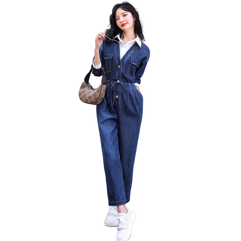 假两件工装牛仔连体裤女春秋高级感2025新款气质连衣裤女神范,女装连体裤,霓裳依族